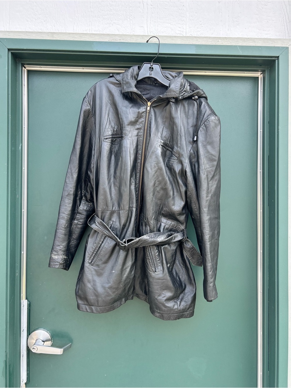 Vintage Black Leather Hooded Belted Jacket
